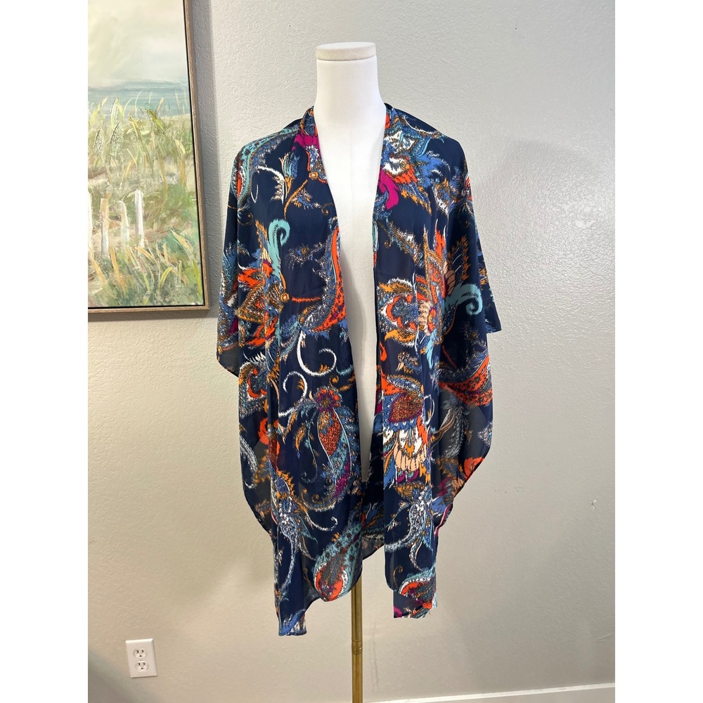 Paisley Open Front Kimono Cardigan Navy Boho Cover Up One Size